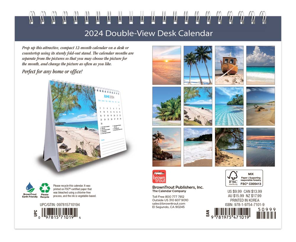 Beaches 2024 7.5 x 6 Inch Monthly DoubleView Easel Desk Calendar