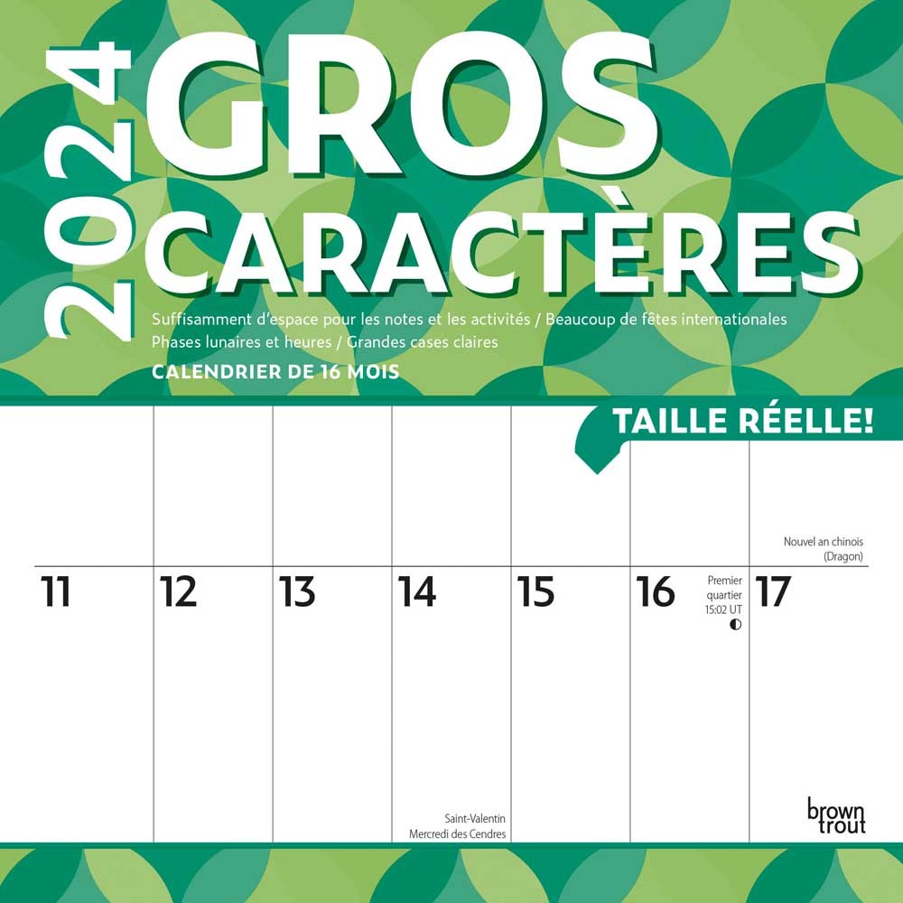 Gros caracteres | 2024 12 x 24 Inch Monthly Square Wall Calendar | French Language | Matte Paper