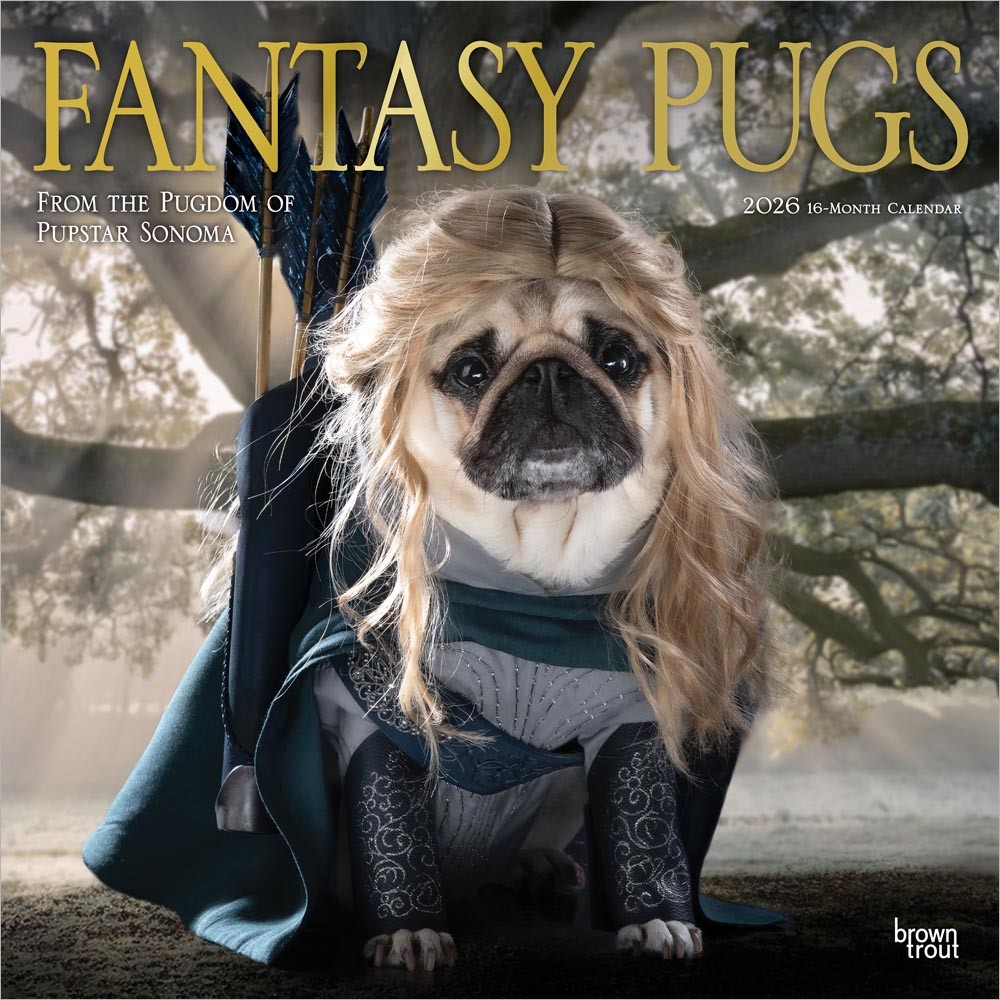 Fantasy Pugs OFFICIAL | 2026 12 x 24 Inch (Hanging) Monthly Square Wall Calendar | Foil Stamped Cover